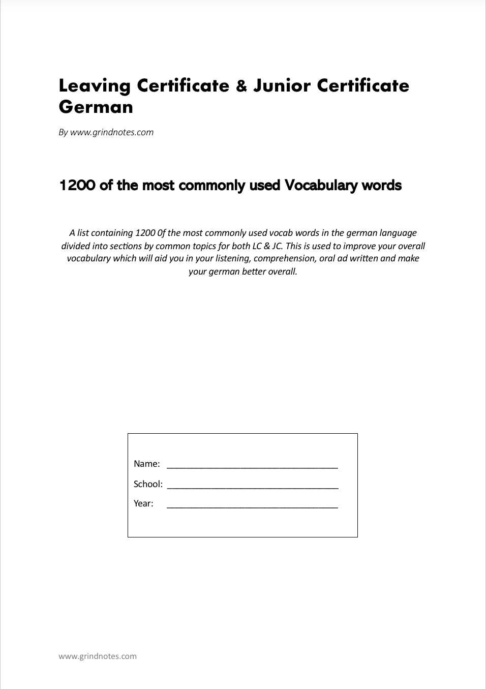 Leaving & Junior Certificate German - 1200 most common vocabulary words