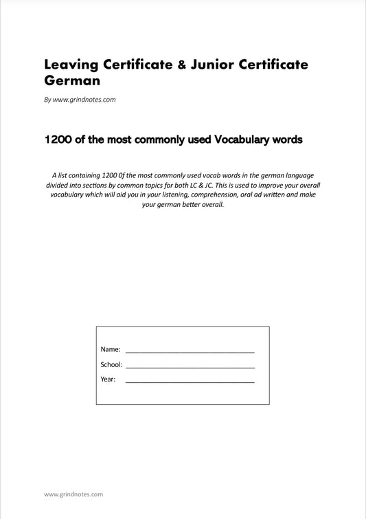 Leaving & Junior Certificate German - 1200 most common vocabulary words