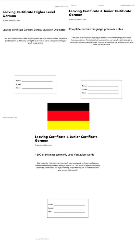 German grammar, oral general questions and Vocab Package