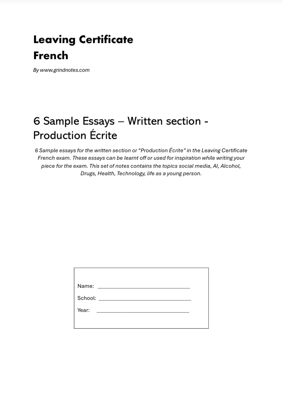 French sample essays, Diary entries for written section and vocab package