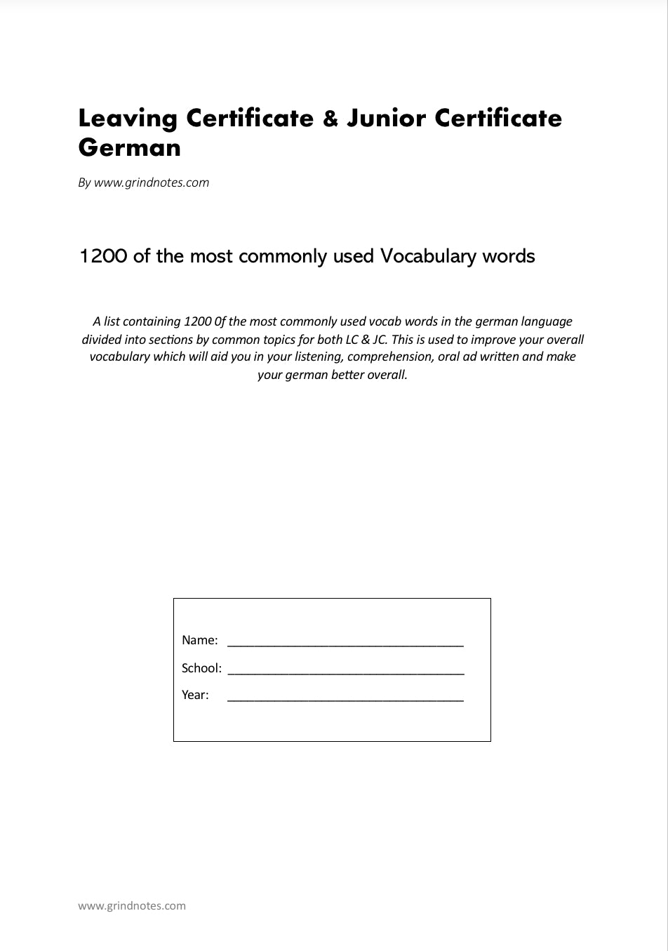 German grammar, oral general questions and Vocab Package