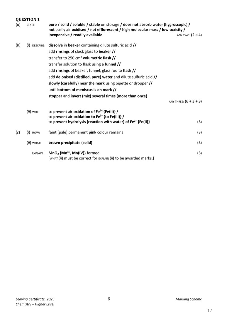 Leaving Certificate Chemistry - Titrations with Past Exam Questions and marking Schemes - Question 1