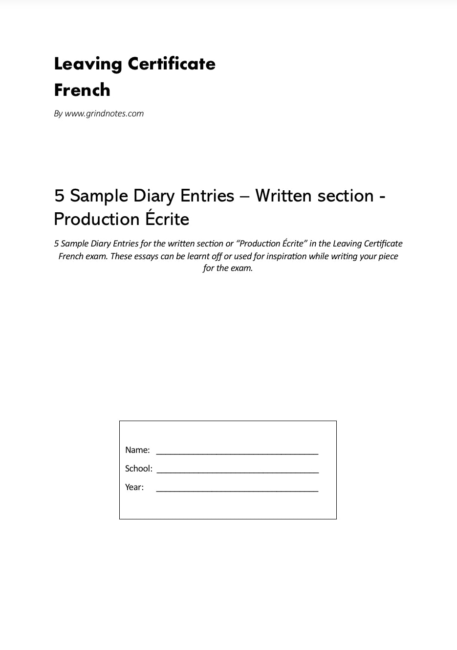 French sample essays, Diary entries for written section and vocab package