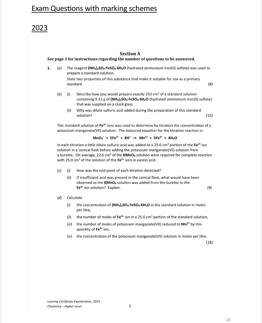 Leaving Certificate Chemistry - Titrations with Past Exam Questions and marking Schemes - Question 1