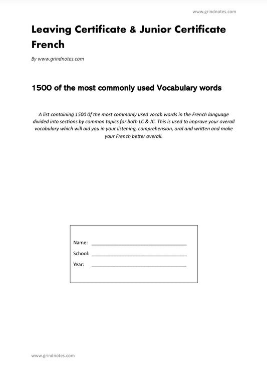 Leaving & Junior Certificate French - 1500 of the most commonly used vocabulary words