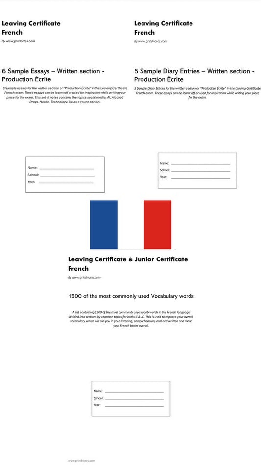 French sample essays, Diary entries for written section and vocab package