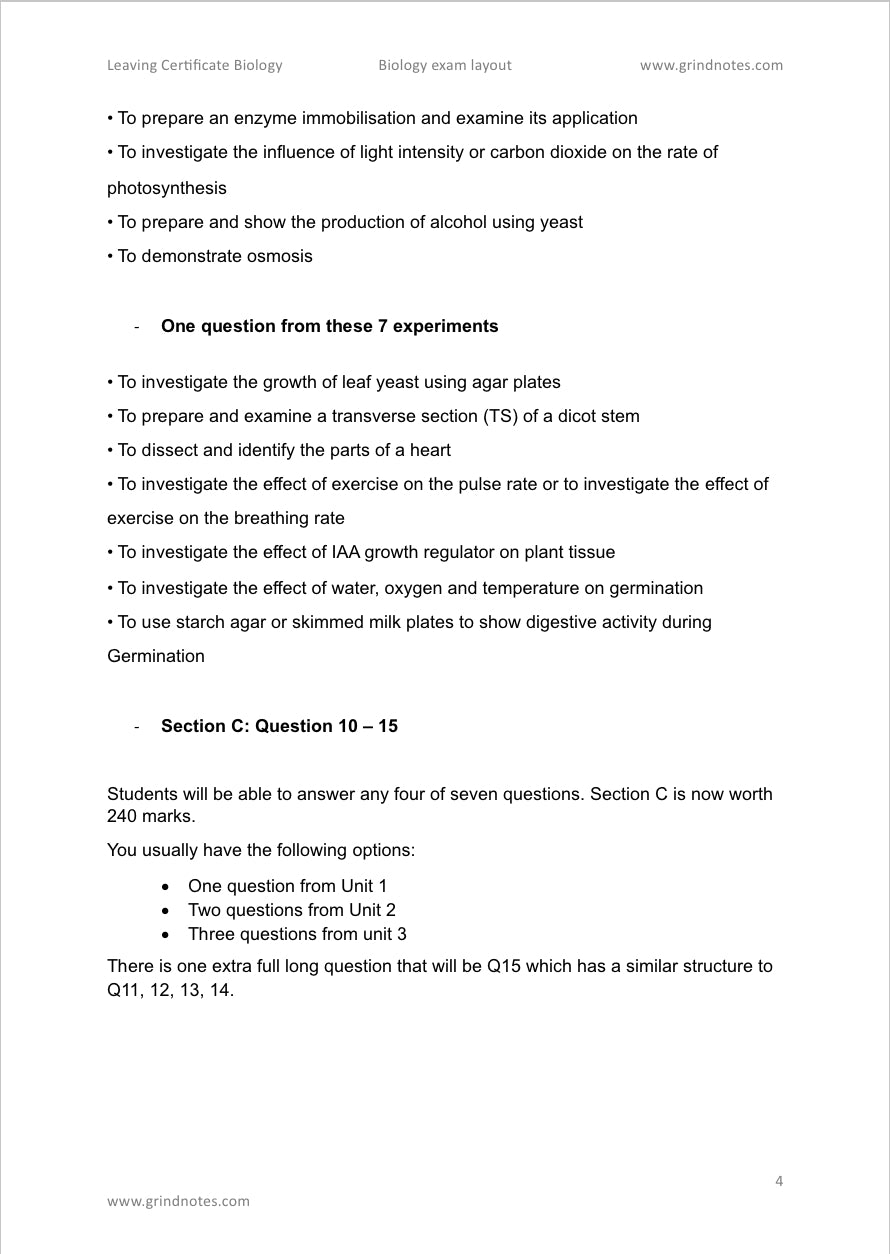 Higher level leaving cert biology - Exam layout, chapters and experiments