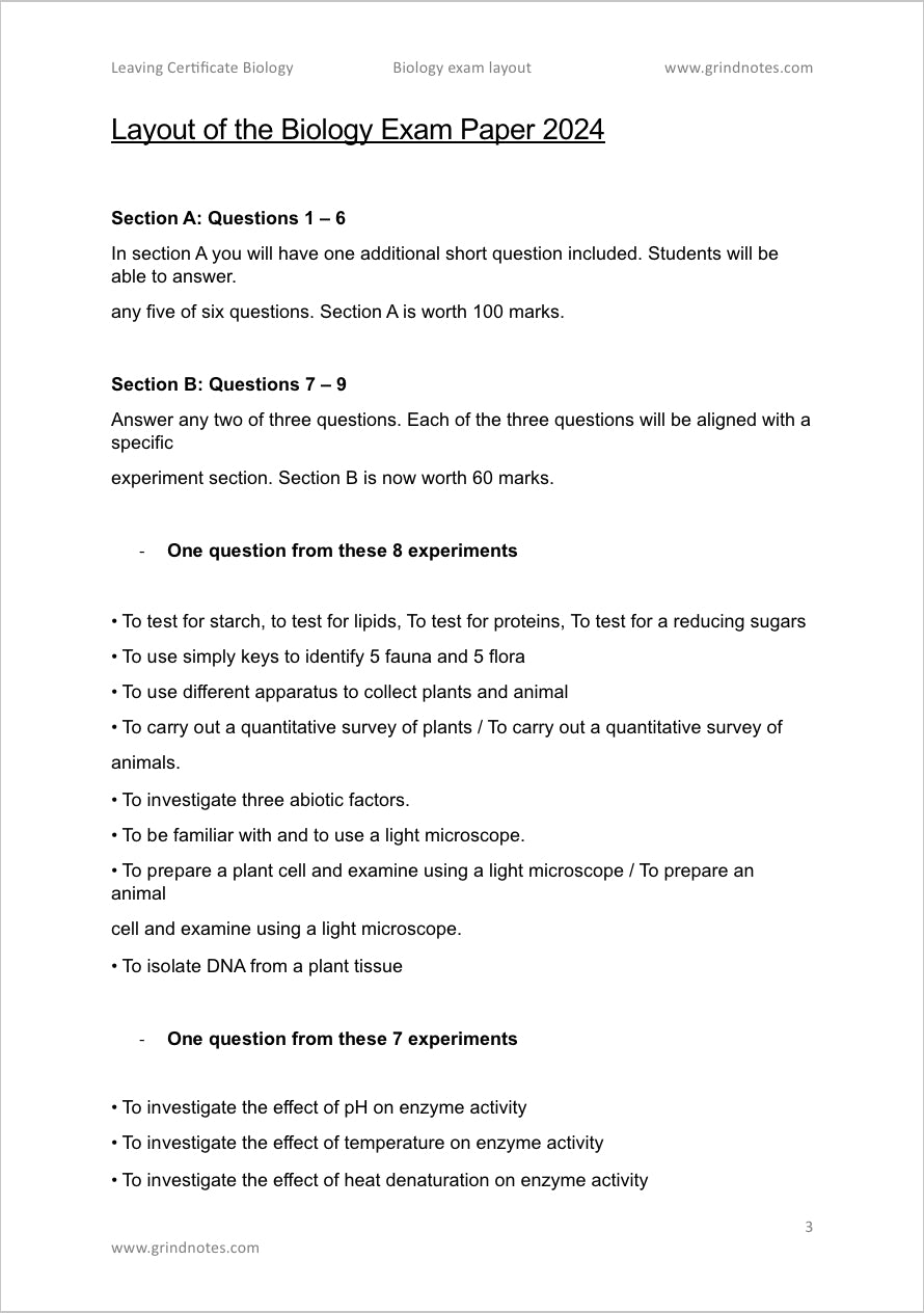 Higher level leaving cert biology - Exam layout, chapters and experiments